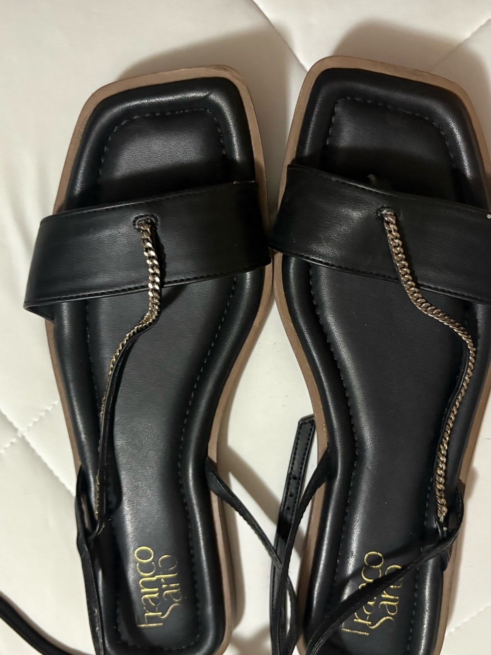 Franco Sarto Black Leather Chain-Tie Flat Sandals